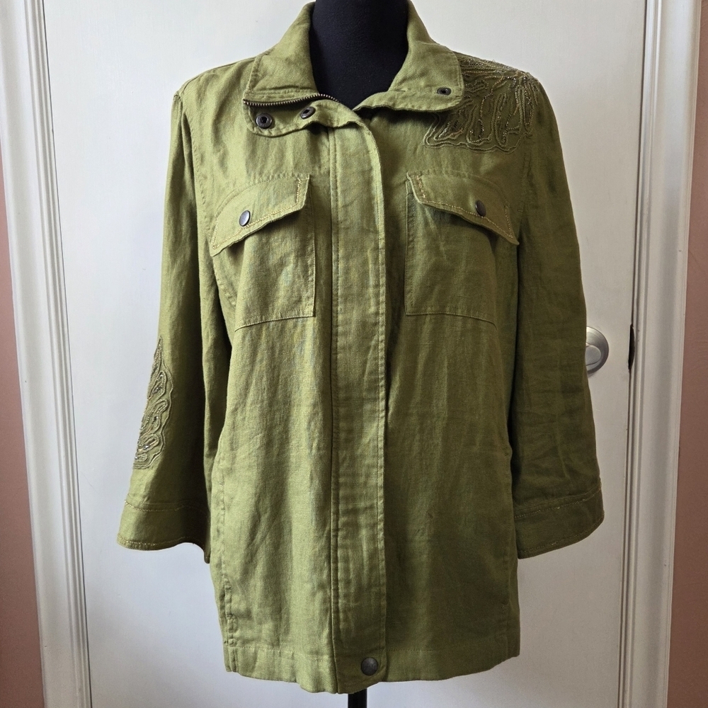 CHICO'S Linen Beaded Jacket Green Large